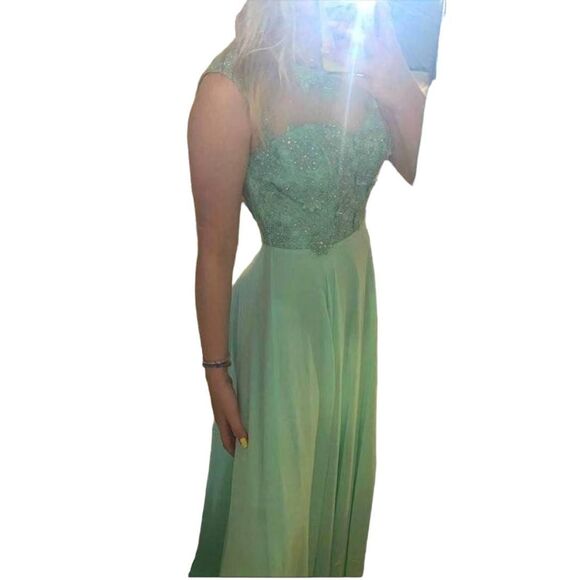 Formal Lt Green Rhinestones Floral Lace Sweetheart Bodice Long Gown Maxi Dress - Picture 3 of 15